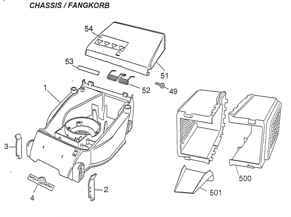 Ersatzteile WOLF-Garten Elektro Rasenmäher ohne Antrieb Picco 32 ER Typ: 4901002 Serie A  (1997) Grasfangkorb, Heckklappe, Mähwerksgehäuse 