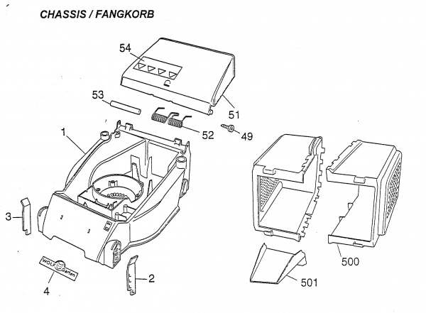 Ersatzteile WOLF-Garten Akku Rasenmäher ohne Antrieb Picco 32 Accu Typ: 4911002 Serie A  (1996) Grasfangkorb, Heckklappe, Mähwerksgehäuse 