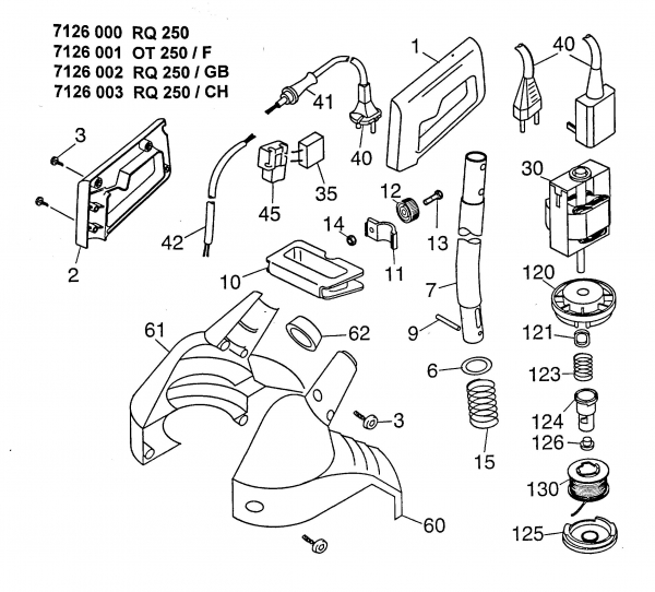 Ersatzteile WOLF-Garten Elektro Rasentrimmer RQ 250 Typ: 7126002 Serie A-E  (1997) Grundgerät 
