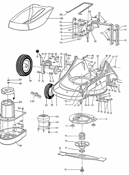 Ersatzteile WOLF-Garten Elektro Rasenmäher ohne Antrieb 4.46 E Typ: 6901000 Serie A  (1996) Elektromotor, Messer, Räder 