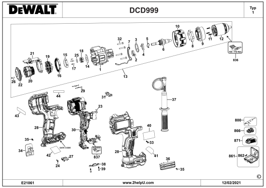 DEWALT Ersatzteile AKKU BOHRHAMMER DCD999H2T Typ: 2 QW