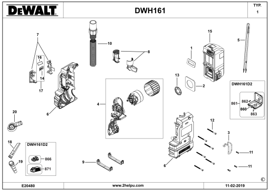 DEWALT Ersatzteile STAUBABSAUGER DWH161 Typ: 1 QW