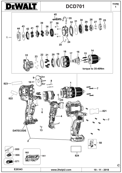 DEWALT Ersatzteile AKKU-BOHRMASCHINE DCD701 Typ: 1 XJ
