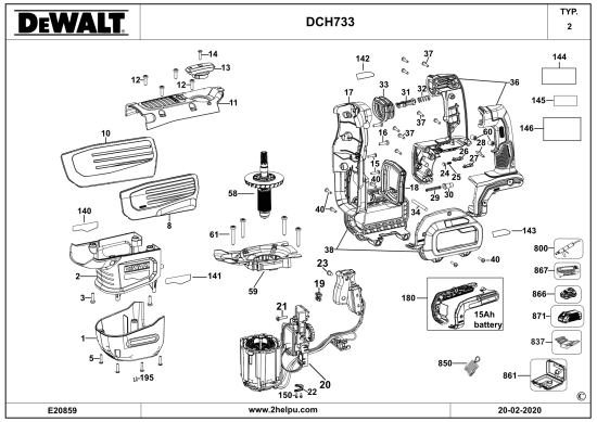 DEWALT Ersatzteile DREHHAMMER DCH733 Typ: 2 XJ
