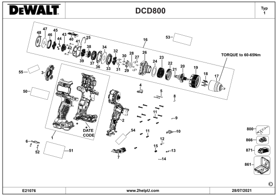 DEWALT Ersatzteile AKKU SCHRAUBER DCD800D2T Typ: 1 QW