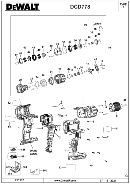 DEWALT Ersatzteile AKKU BOHRHAMMER DCD778M2T Typ: 2 QW