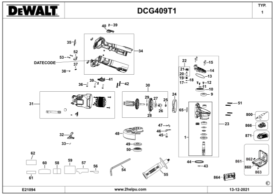 DEWALT Ersatzteile WINKELSCHLEIFER DCG409T1 Typ: 1 QW