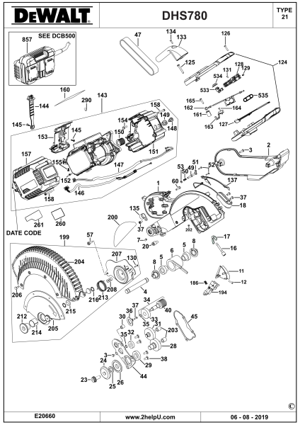 DEWALT Ersatzteile GEHRUNGSSÄGE DHS780 Typ: 21 QS
