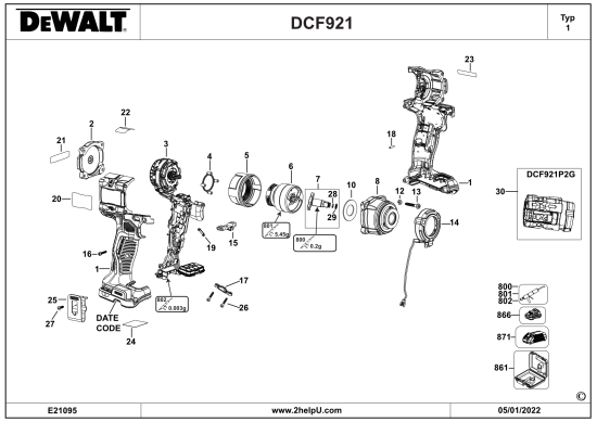 DEWALT Ersatzteile SCHLAGSCHRAUBENSCHL. DCF921P2G Typ: 1 QW