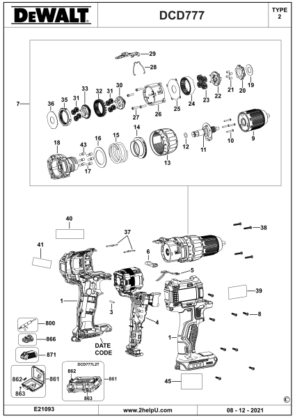 DEWALT Ersatzteile AKKU-BOHRMASCHINE DCD777 Typ: 2 QW