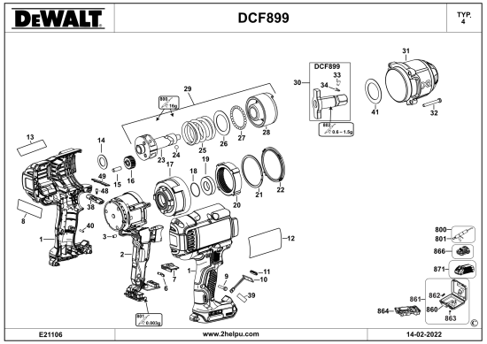 DEWALT Ersatzteile AKKU DREHMOMENTSCHLÜSSEL DCF899P2 Typ: 4 QW