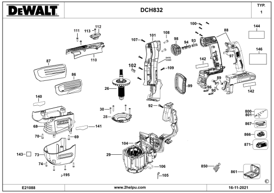 DEWALT Ersatzteile MEISSELHAMMER DCH832N Typ: 1 XJ