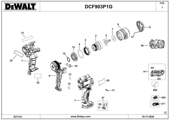 DEWALT Ersatzteile AKKU DREHMOMENTSCHLÜSSEL DCF903P1G Typ: 1 QW