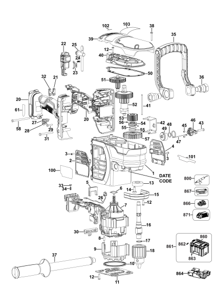 DEWALT Ersatzteile AKKU-BOHRMASCHINE DCD460 Typ: 1 QW