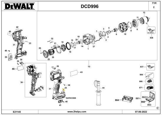 DEWALT Ersatzteile AKKU-BOHRMASCHINE 18V LI-ION DCD996 Typ: 11 QW
