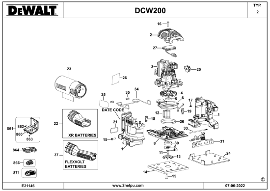 DEWALT Ersatzteile EKZENTERSCHLEIFER DCW200 Typ: 10 QW