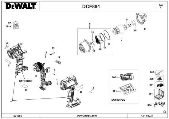 DEWALT Ersatzteile SCHLAGSCHRAUBENSCHL. DCF891P2G Typ: 1 QW