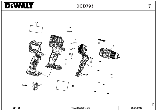 DEWALT Ersatzteile AKKU SCHRAUBER DCD793B Typ: 1 QUCA