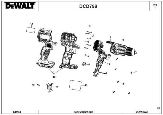 DEWALT Ersatzteile BOHRHAMMER DCD798B Typ: 1 QU