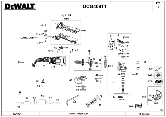 DEWALT Ersatzteile KLEINER WINKELSCHLEIFER DCG409 Typ: 1 QW