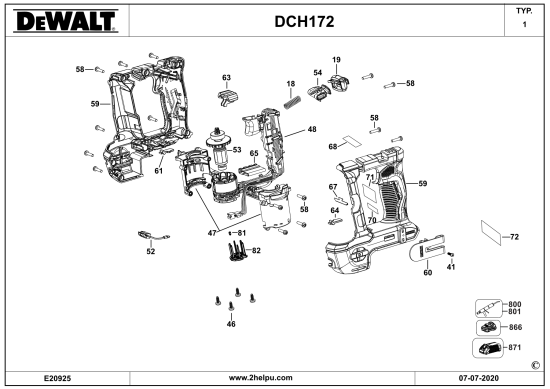 DEWALT Ersatzteile DREHHAMMER DCH172E2T Typ: 1 QW