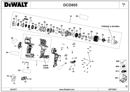 DEWALT Ersatzteile AKKU BOHRHAMMER DCD805N Typ: 1 XJ