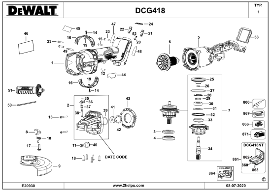 DEWALT Ersatzteile WINKELSCHLEIFER DCG418 Typ: 1 QW