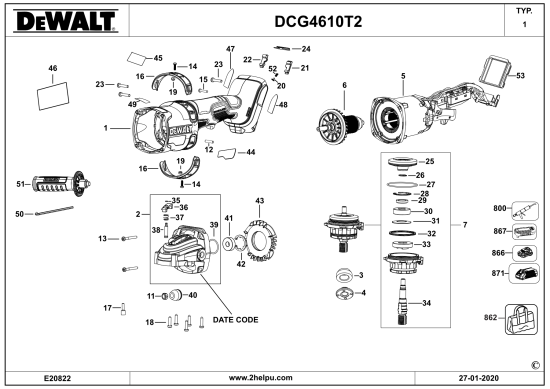 DEWALT Ersatzteile WINKELSCHLEIFER DCG4610T2 Typ: 1 QW