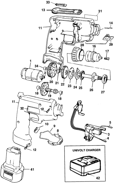 DEWALT Ersatzteile AKKU-BOHRMASCHINE DW950K Typ: 1 QU