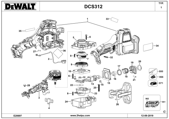 DEWALT Ersatzteile AKKU SÄBELSÄGE DCS312D2 Typ: 1 QW