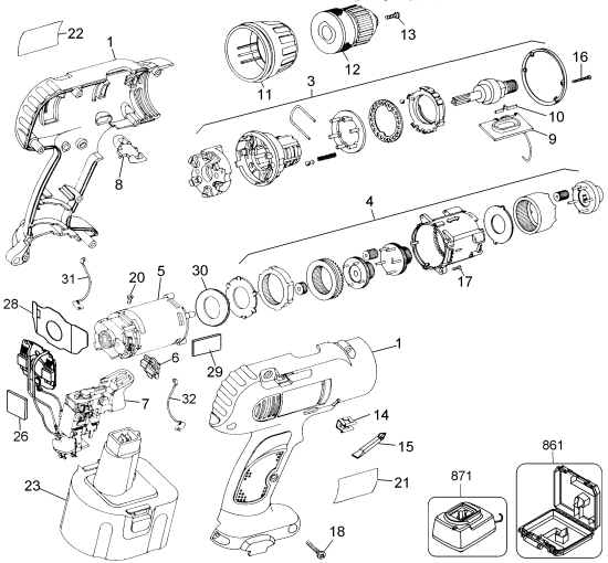 DEWALT Ersatzteile AKKU-BOHRMASCHINE DW972K Typ: 1 QU
