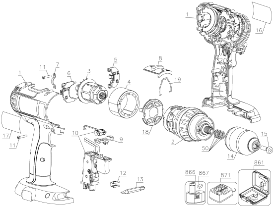 DEWALT Ersatzteile AKKU SCHRAUBER DC720KA Typ: 1 QU