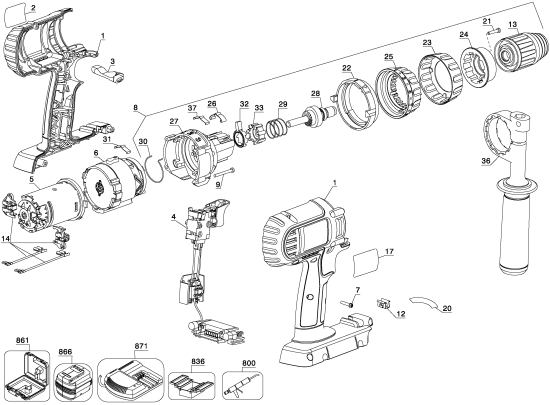 DEWALT Ersatzteile AKKU-BOHRMASCHINE DC910KL Typ: 1 QU