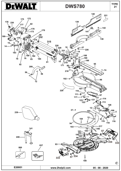 DEWALT Ersatzteile GEHRUNGSSÄGE DWS780 Typ: 21 XJ