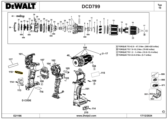 DEWALT Ersatzteile BOHRHAMMER DCD799D2T Typ: 10 QW