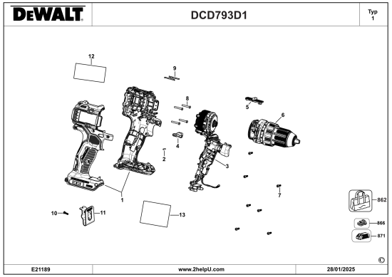 DEWALT Ersatzteile AKKU SCHRAUBER DCD793D1 Typ: 1 QU
