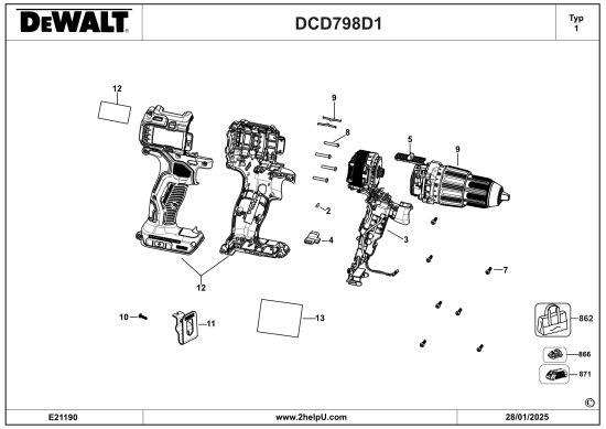 DEWALT Ersatzteile BOHRHAMMER DCD798D1 Typ: 1 QU