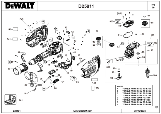 DEWALT Ersatzteile MEISSELHAMMER D25911K Typ: 10 QS