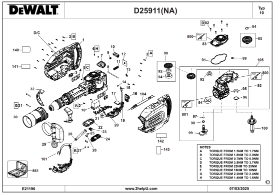 DEWALT Ersatzteile MEISSELHAMMER D25911K Typ: 10 QU