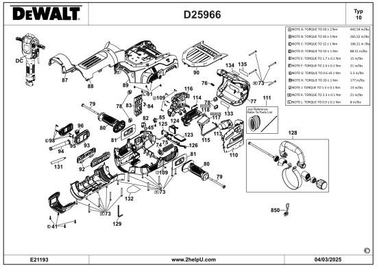 DEWALT Ersatzteile MEISSELHAMMER D25966 Typ: 10 QU