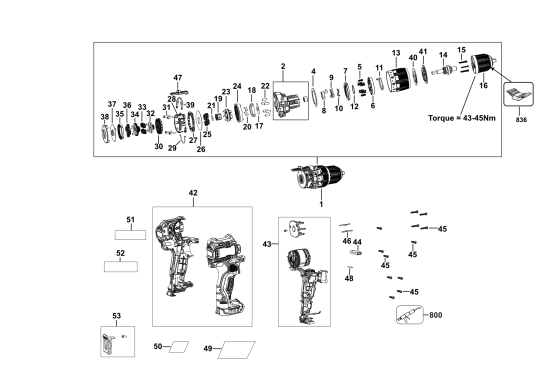 DEWALT Ersatzteile AKKU-BOHRMASCHINE DCD706N Typ: 2 XJ