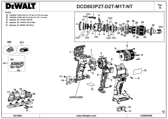 DEWALT Ersatzteile AKKU-BOHRMASCHINE DCD803D2T Typ: 10 QW