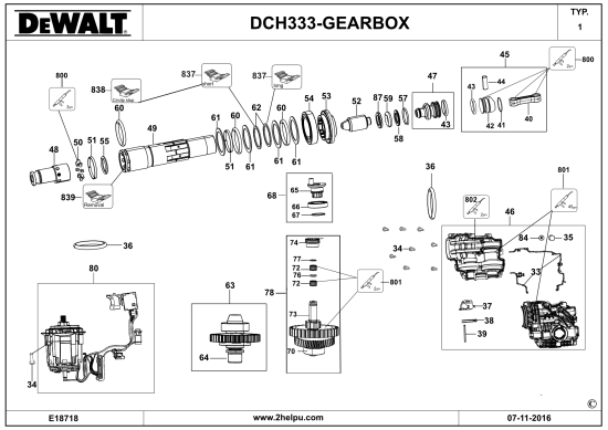 DEWALT Ersatzteile DREHBOHRHAMMER DCH333 Typ: 1 XJ