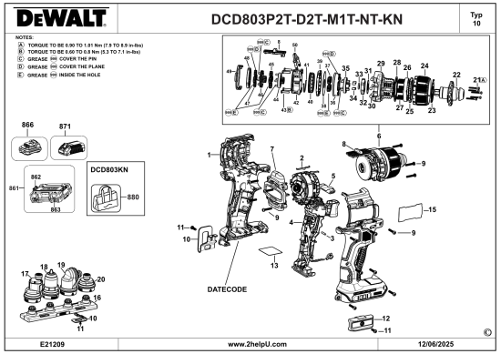DEWALT Ersatzteile AKKU-BOHRMASCHINE DCD803KN Typ: 10 XJ
