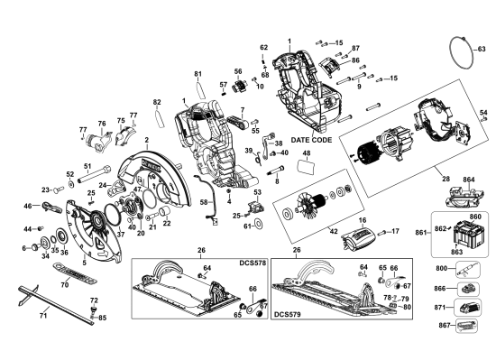 DEWALT Ersatzteile AKKU HANDKREISSÄGE DCS578 Typ: 1 XJ