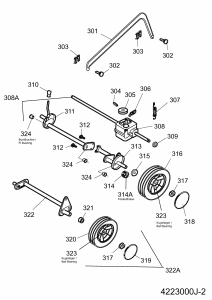 Ersatzteile WOLF-Garten Benzin Rasenmäher mit Antrieb 2.53 BA Typ: 4223000 Serie J  (2009) Achse, Höhenverstellung, Räder 
