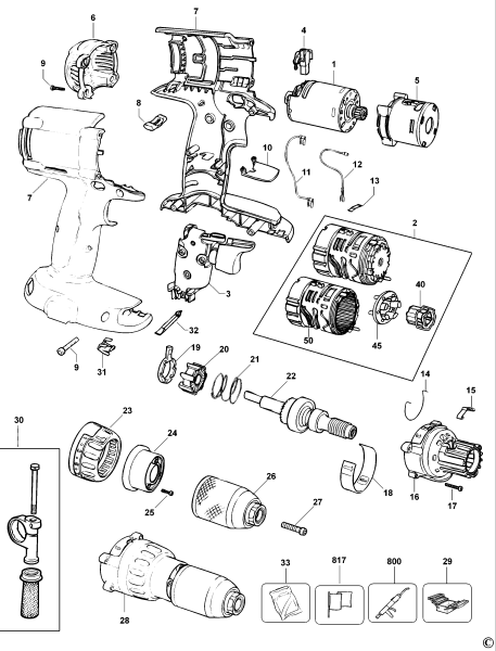 DEWALT Ersatzteile AKKU-BOHRMASCHINE DW988 Typ: 10 XJ
