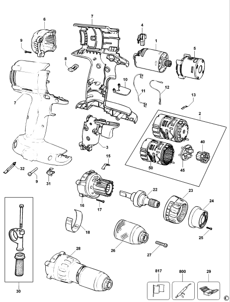 DEWALT Ersatzteile AKKU-BOHRMASCHINE DW987 Typ: 10 QW