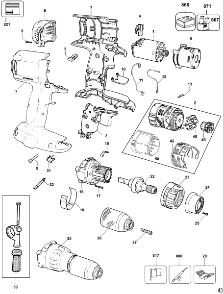 DEWALT Ersatzteile AKKU-BOHRMASCHINE DC987K Typ: 10 QW