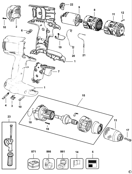 DEWALT Ersatzteile AKKU-BOHRMASCHINE DW987KQ Typ: 1 XJ